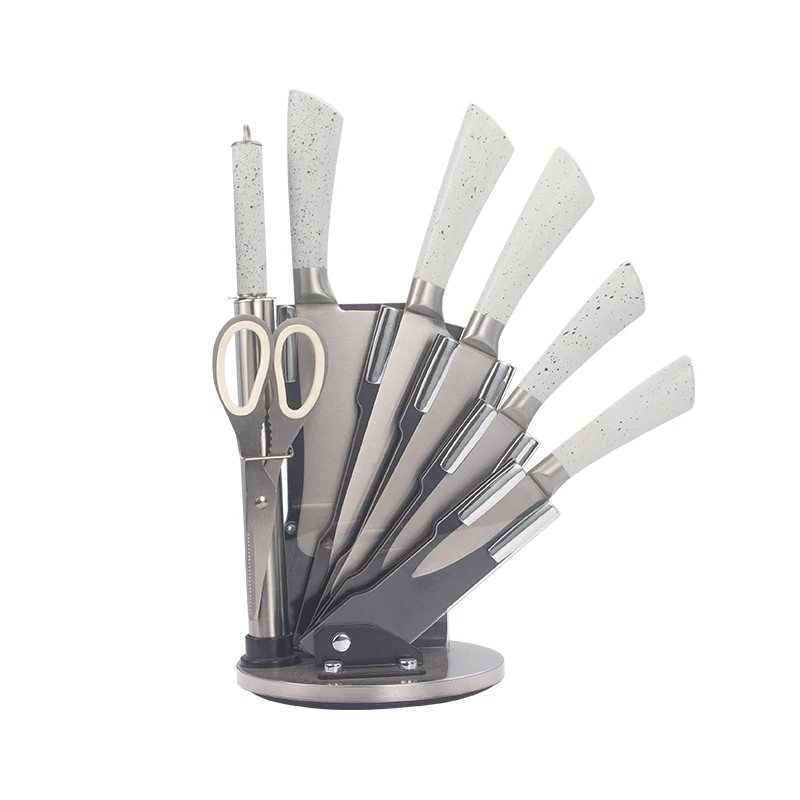 Hot selling 8pcs knife set in hollow handle with white marble coating handle and acrylic holder