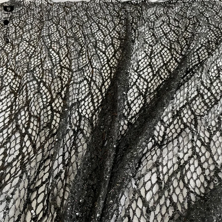 Elegant black sequin lace glitter tulle mesh fabric for evening dress