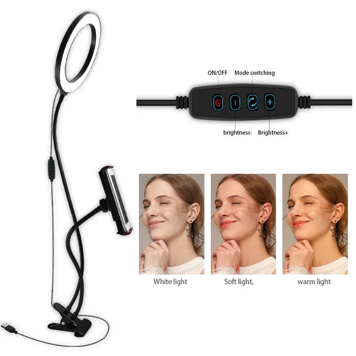 Flexible 3 in 1 Clips 8 Inch Table LED Selfie Ring Light With Cell Phone Holder for Youtube