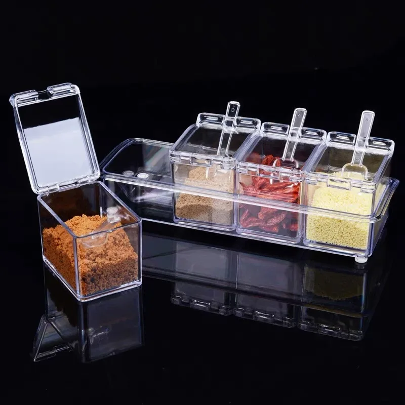 Kitchen plastic seasoning rack spice pots 4 piece seasoning box storage container condiment jars with cover and spoon