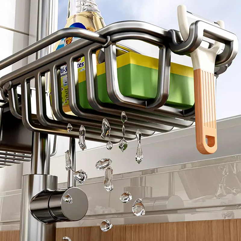 Space Aluminum Kitchen Sink Drain Rack Sponge Storage Faucet Holder Over Faucet Soap Drainer Shelf Faucet Basket Organizer