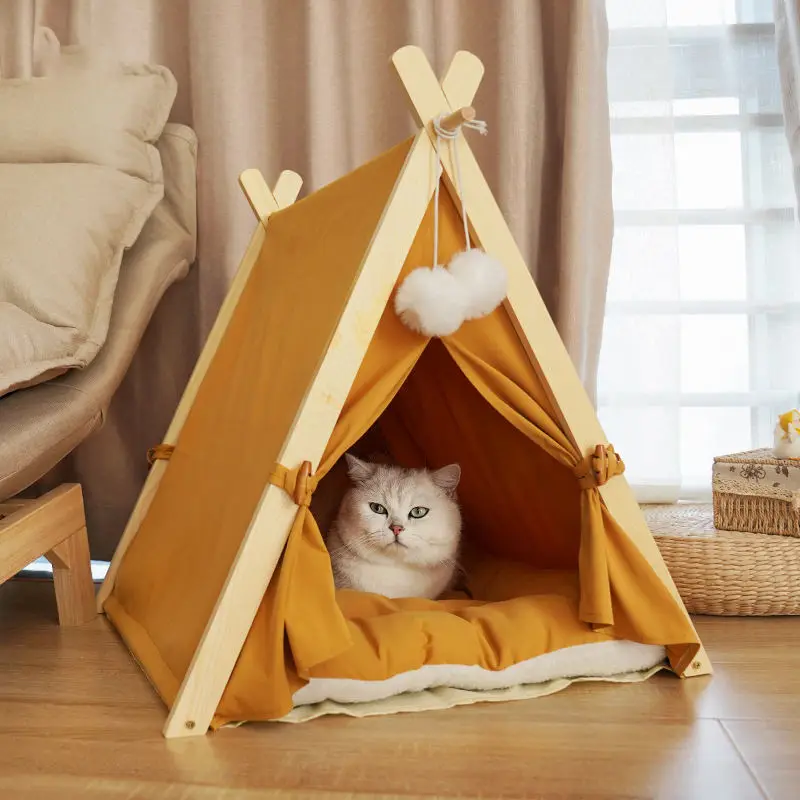 Foldable Cotton Wood Linen Cave Bed Dog Cat Tipi House Pet Air Cot With Removable Canopy Shade Tent