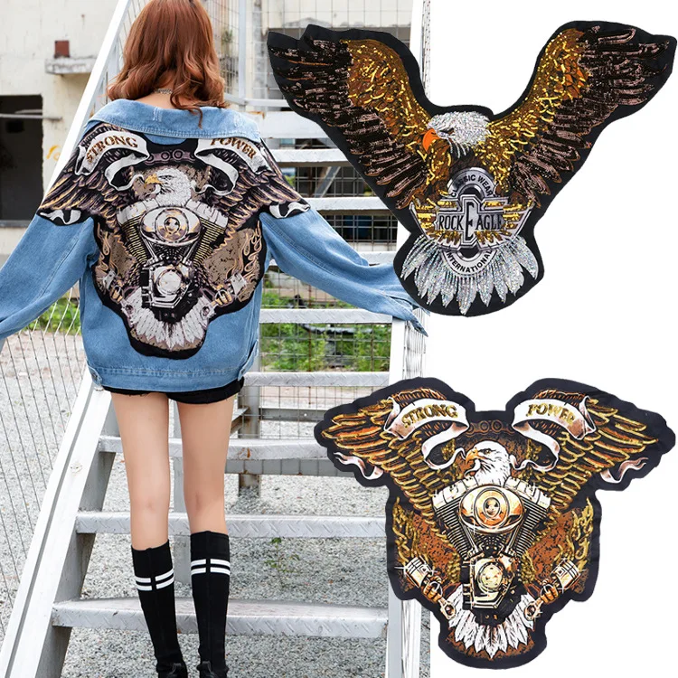 
KRKC new design oversized fashion patches Garment accessories Sequin Embroidery patches of eagle animal for clothing 