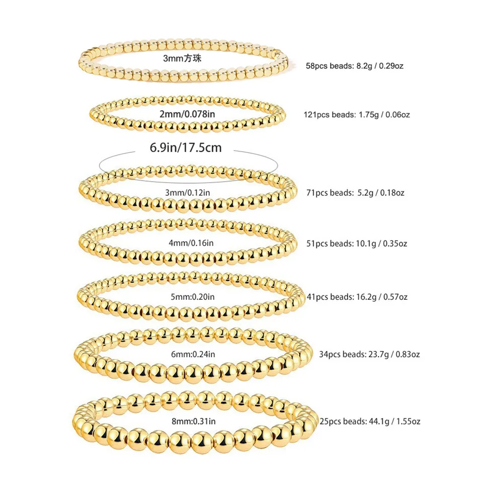 4mm 6mm 8mm Stackable 18K Gold Plated Stretch Beads Ball Bracelet Fashion Simple Stainless Steel Beaded Bracelets for Women