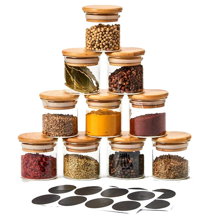 Small Glass Spice Jars with Bamboo Airtight Lids and Labels, Food Cereal Storage Containers for Home Kitchen Tea Herbs Coffee