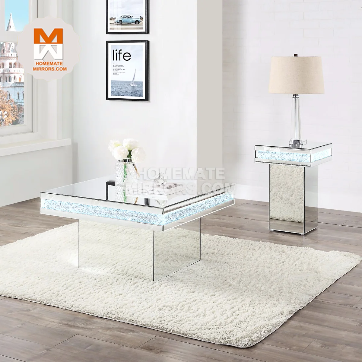 Hot Competitive Mirrored Cube Side Tables with Crushed Diamond