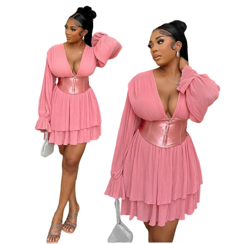 MHK7423 Spring Outfits For Women Casual V-neck Flare Sleeves Short Top And Skirt Two Piece Set For Women Clothing