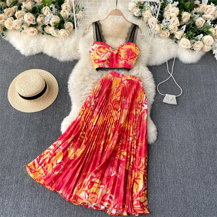 2022 Summer Bohemian Style High Waist Pleated Two Piece Set Long Maxi Elegant Casual Dress Summer Dresses Women Lady Elegant