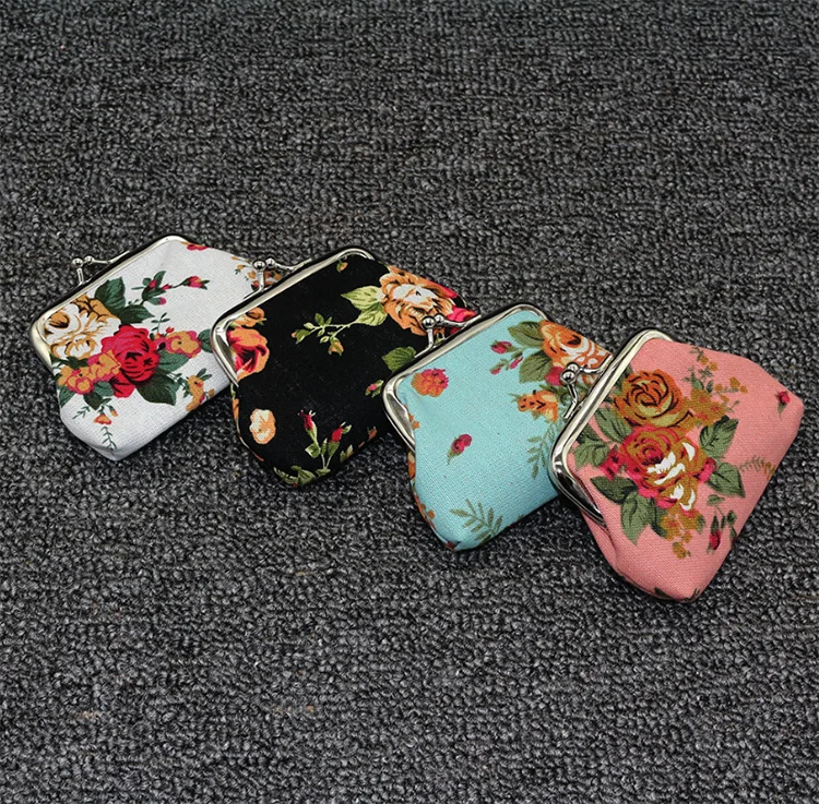 Wholesale custom printed rose mini coin purse canvas fabric buckle coin purse
