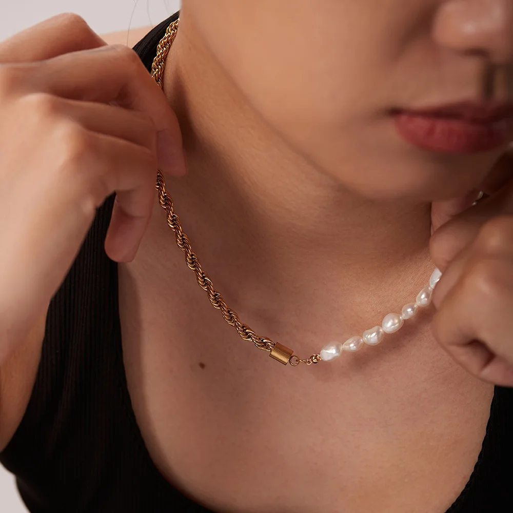 wholesale freshwater pearl gold filled necklace 14k pvd plated half twist chain half fresh water pearls necklace