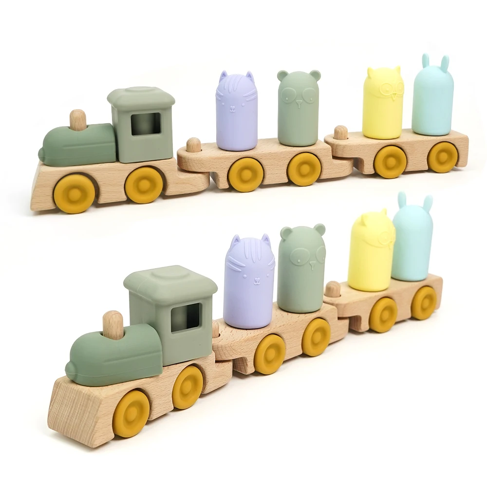 Silicone Train Dragging Three Carriage Animal Shape Matching Preschool Wooden 3D Blocks Vehicle Educational Toys For Children