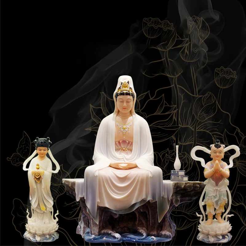 White marble Avalokitesvara Bodhisattva Buddha statue Avalokitesvara statue Good fortune boy dragon statue