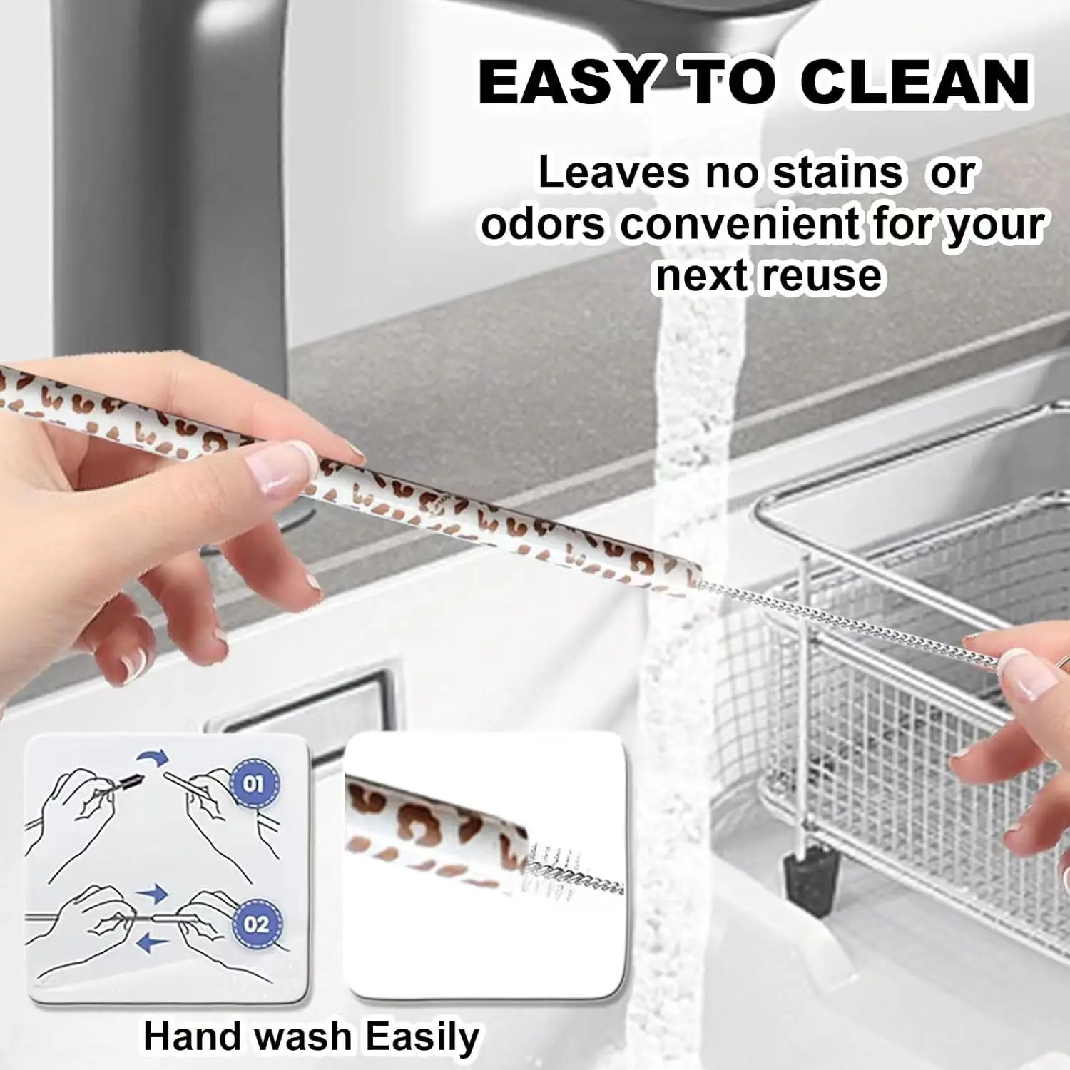 Food grade silicone straws individually packaged 4pcs/pack drinking straws leopard print cactus print reusable straws