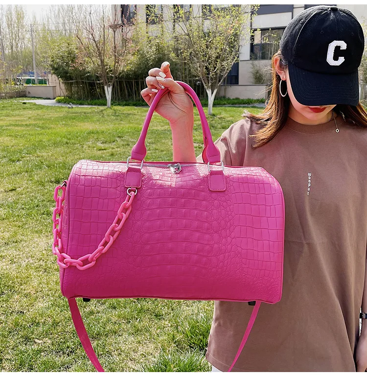 Fashion Hot Pink Large Capacity Travel BagsVegan Leather Weekend Bag Gym Sport Tote Duffel Bags