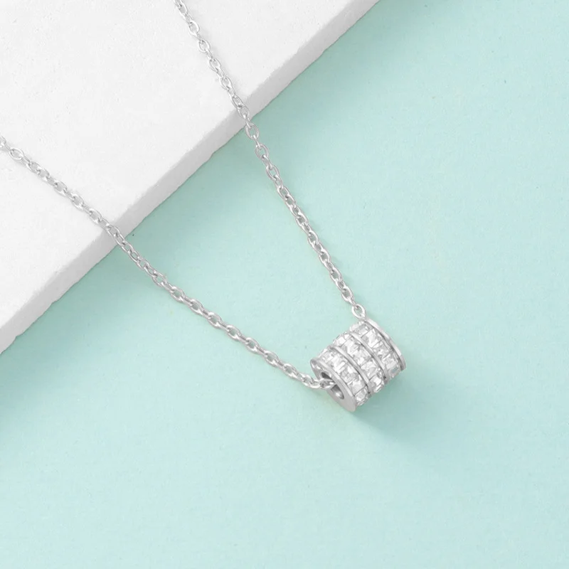 Round Tube Women silver plated Stainless steel Necklace Circle Small Waist Zircon Neck Chain Pendant Necklace