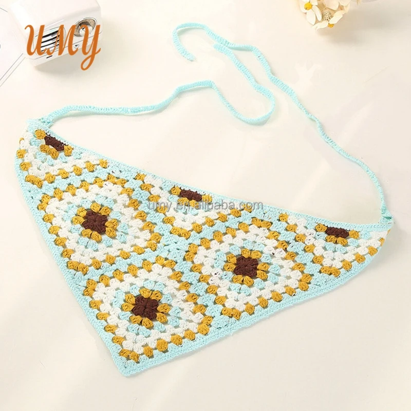 Hippie Headbands Women Cotton Handmade Bandana Granny Square Crochet Headscarf