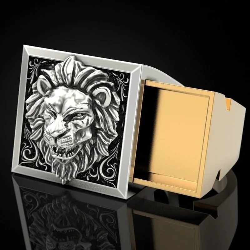 hot sale Lion Head Ring For Men Creative Invisible Storage Rings Hip Hop Street Exaggerate Alloy punk lion ring