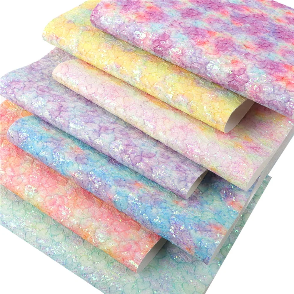 7pcs/set A4 Size Rainbow Lace Glitter Faux Leather Sheets For Hairbows Crafts cut to Piece 1109016