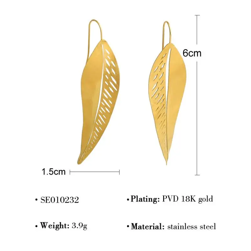 Fashion No Tarnish 316L 18K Gold Plated Stainless Steel Jewelry Feather Earrings For Women