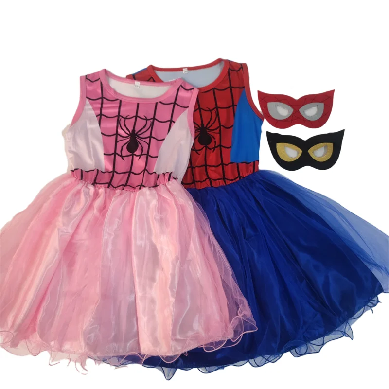 Blue Pink Spider Web Dress for Girls Sleeveless Anime Cartoon Princess Fancy Party costume with Face Shield Cosplay Children