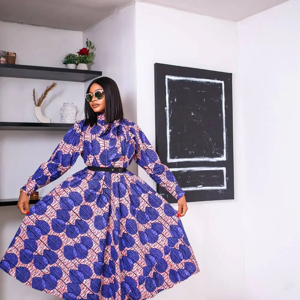 2023 Fall Clothing Fashion African Print Long Sleeve High Waist Puffy Bow Neck Midi Dress Africa Plus Size Dress