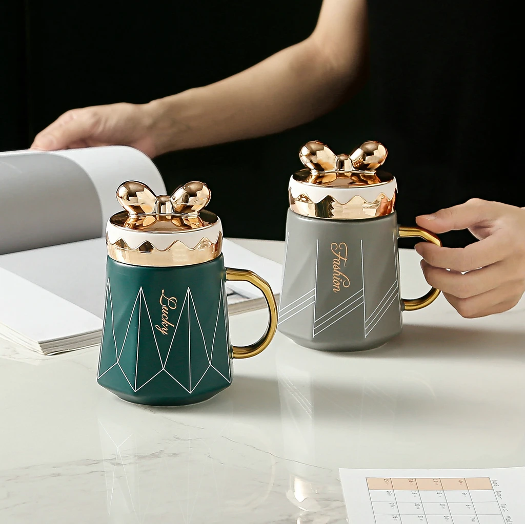 Новый дизайн керамическая чашка с геометрическим узором Офисная кружка крышкой из полипропилена бантом