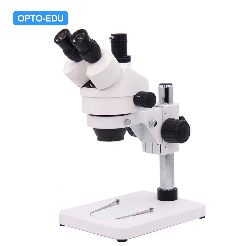 OPTO-EDU A23.1502-T1 Trinocular Square Base Pole Stand Zoom Stereo Microscope, 0.7x~4.5x
