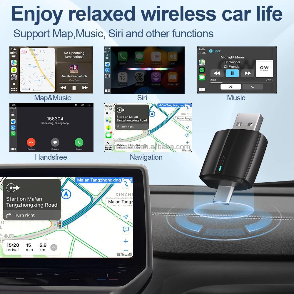 JMC Wireless Carplay Box Wireless Android Auto for Universal wt USB Type C Dual Interface Plug and Play CPAA USB Adapter 2 IN 1