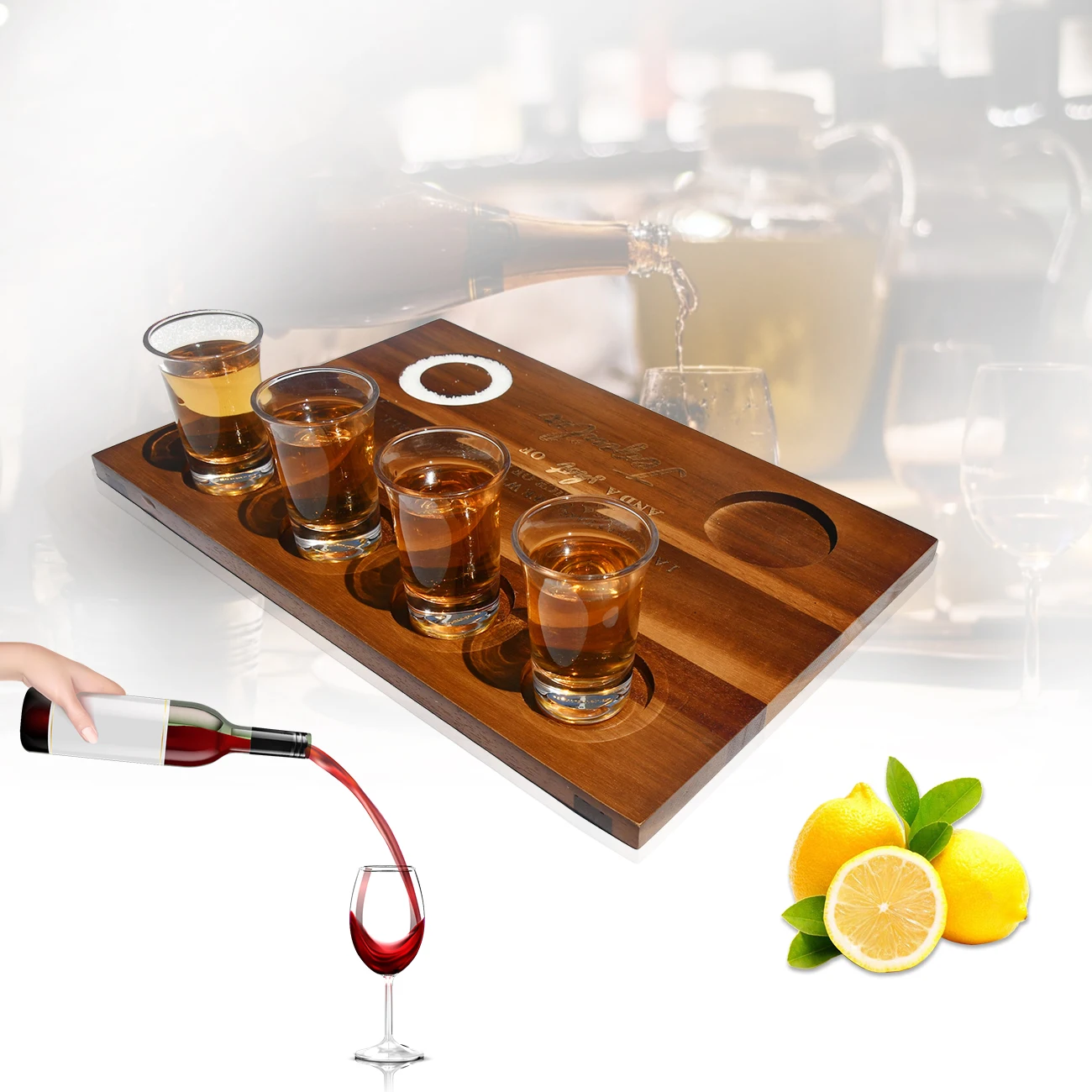 Liquor Parties Weddings Housewarmings Large Shot Glasses Serving Tray Holder Wooden Bar Display Case Storage with Salt Rim
