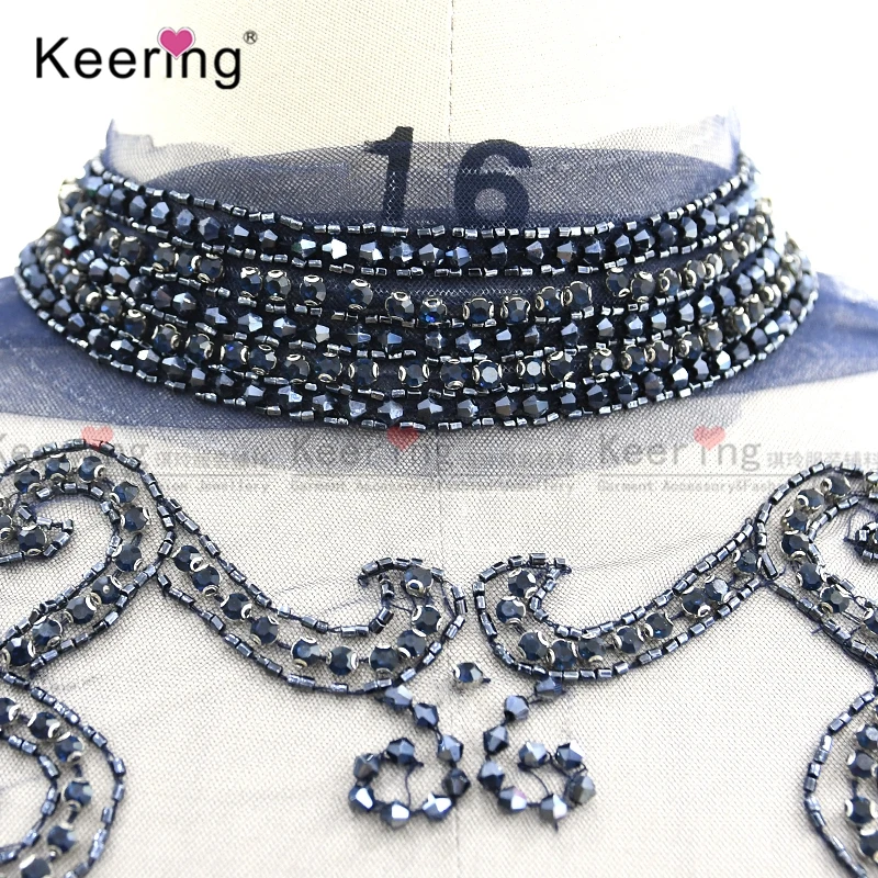 Popular Keering Wholesale New Design WDP-253 Blue Evening Bridal Dress Crown 3D Beads Bodice Flatback Rhinestone Applique