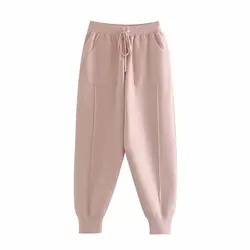 Winter Warm Workwear Carrot Pants Knitted High Waist Women Crop Harem Trousers Solid Peg Leg Fly Pants Casual Drawstring