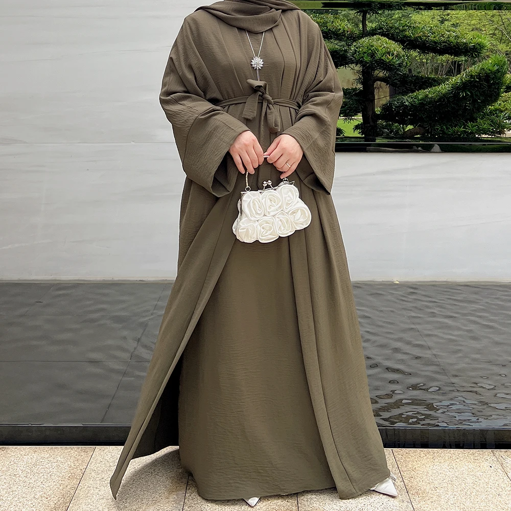 clothing manufacturer Custom Muslim women 2pcs Abaya set Plain Polyester long dress kimono Cardigan Islamic Clothing