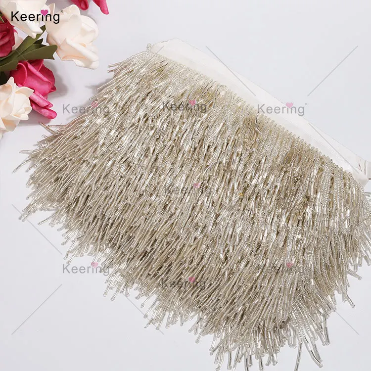 Keering Hot-selling 10-13cm In Stock Colorful Decorative Beaded Fringe Trimming Orange Beaded Trimmings For Sewing