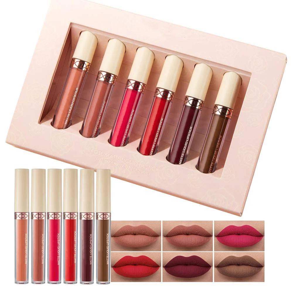 6Pcs Matte Liquid Lipstick Long Lasting Waterproof Velvet Lips Tint Non-Stick Cup Not Fade Lipgloss Makeup Sets for Girls Lipglo