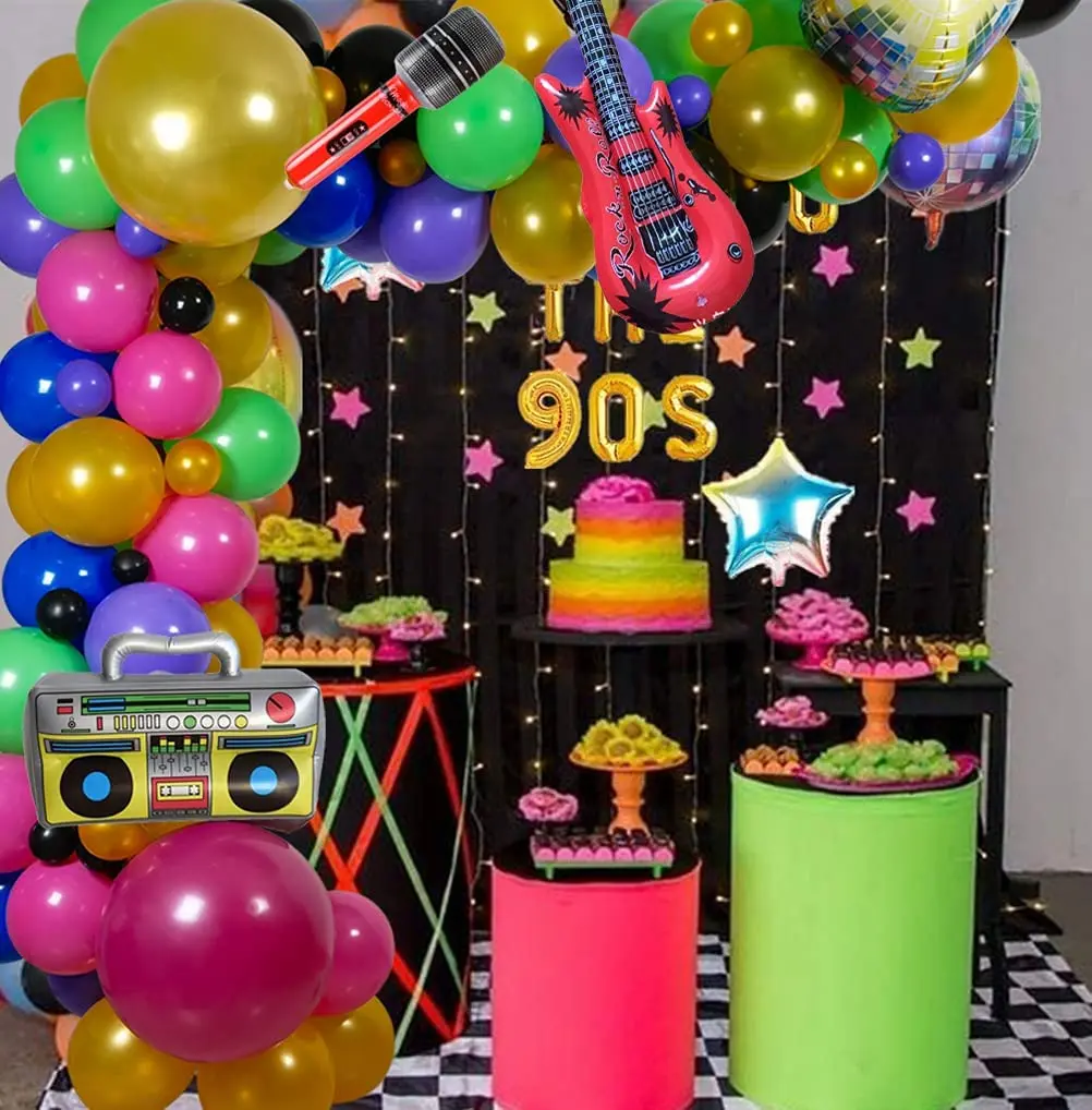 80S Vintage Theme Party 98 PCS Radio Guitar Balloons Arch Kit Colorful Microphone Disco Ball Balloon Garland Kit For Birthday