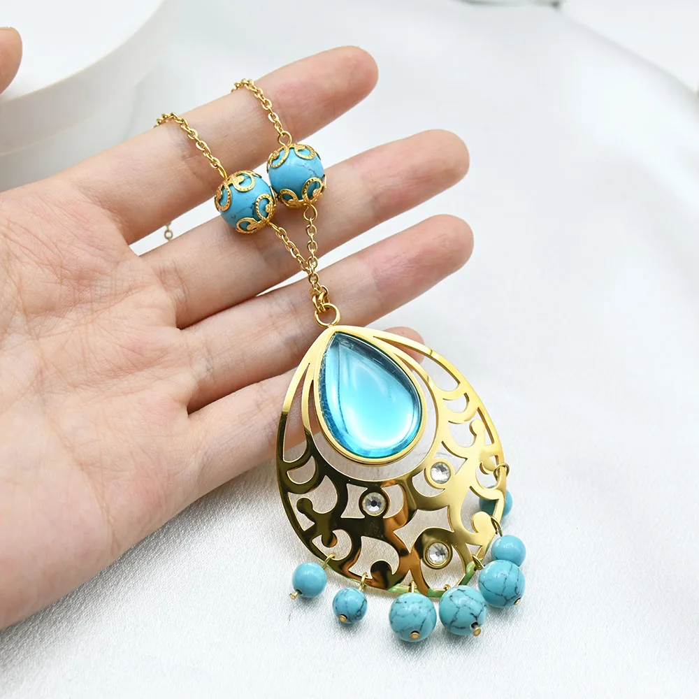 wholesale Vintage Bohemian blue Bead Pendant Ethnic Turkish Gypsy Stainless Steel Fringe Necklace For Women
