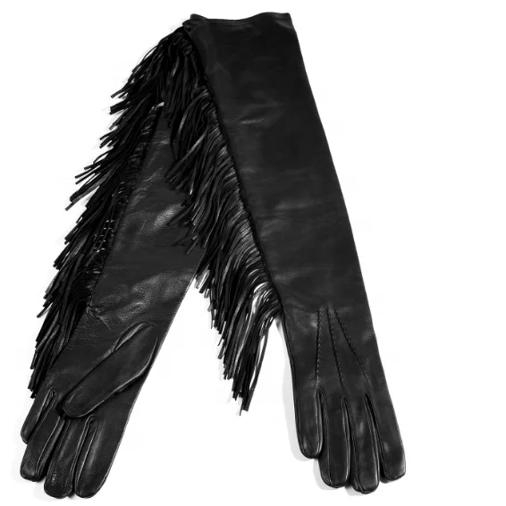 Lady Popular Long Opear Leather Gloves With Fashion Fringe