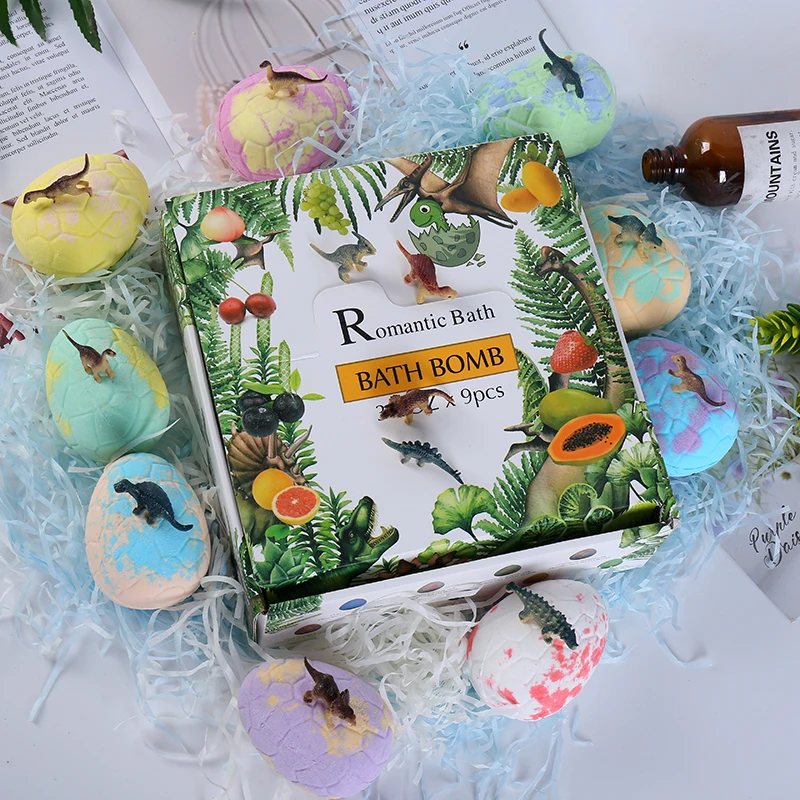OEM  Dinosaur Egg Shape Bath Bombs With Toys Set 9x3.5Oz With Citric Acid Sea Salt Fruit Oil Sucrose Glycerin Trehalose