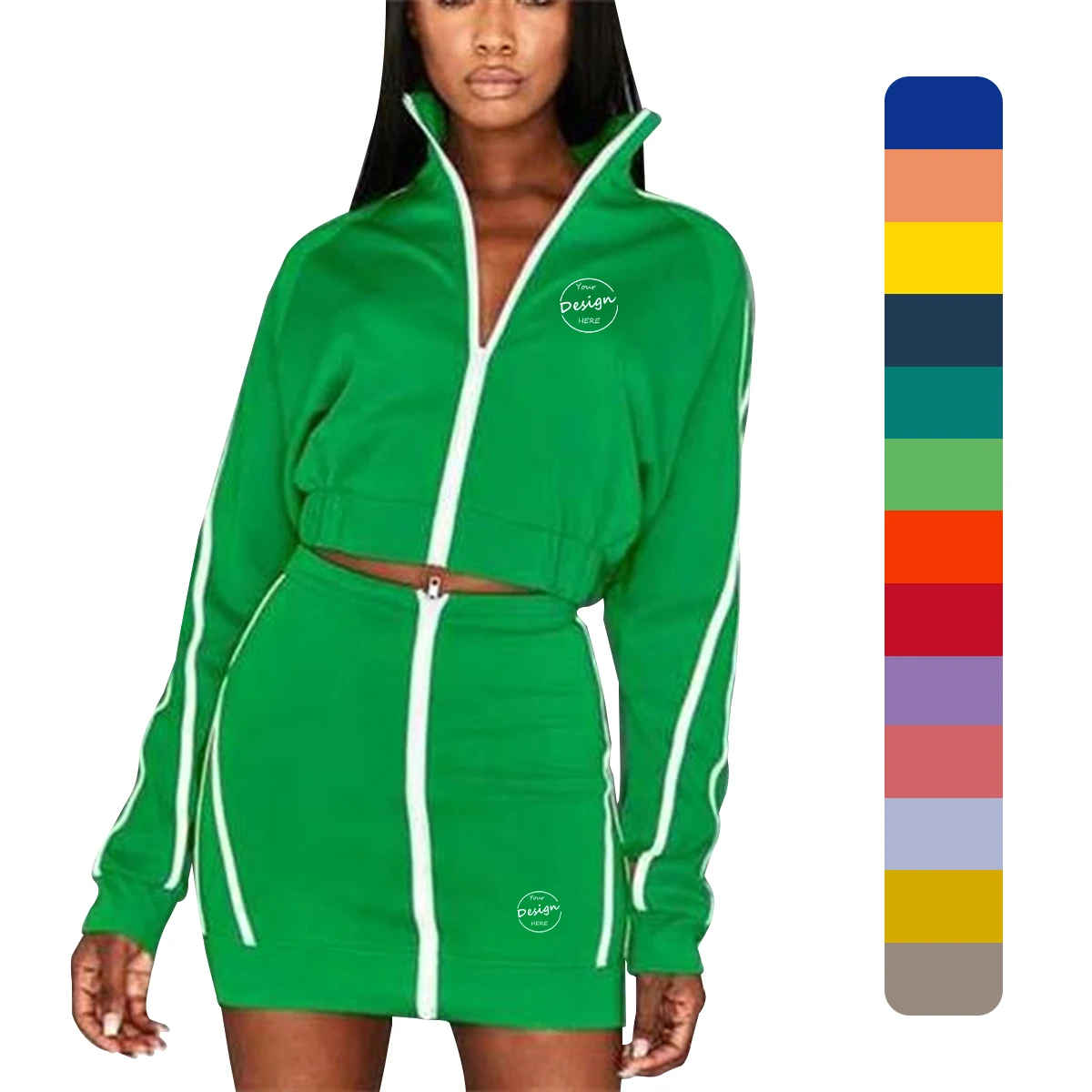Streetwear Custom 3D Embroidered French Terry Y2k Zip Up Hoodie And Skirts Sets Cropped Top And Skirt Two Piece Set For Women