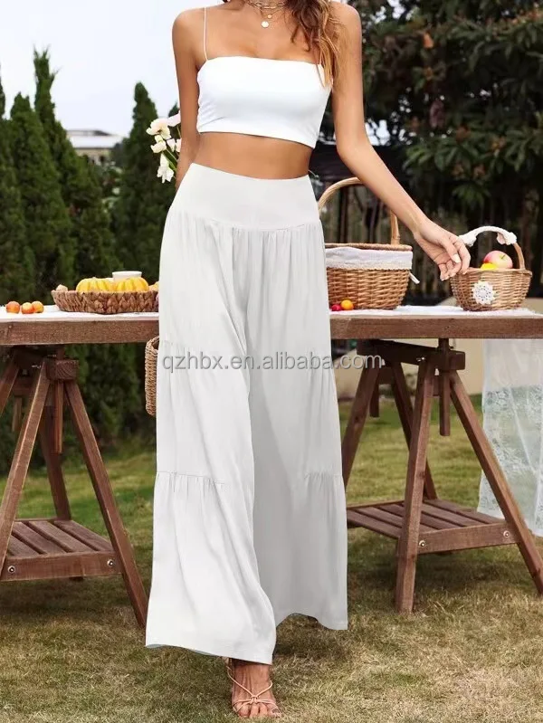 Elegant Fashion Linen Trousers 14 Colors High Waist Easy Home Walk Lounge Beach Vacation Layered Frill Loose Flare Pants