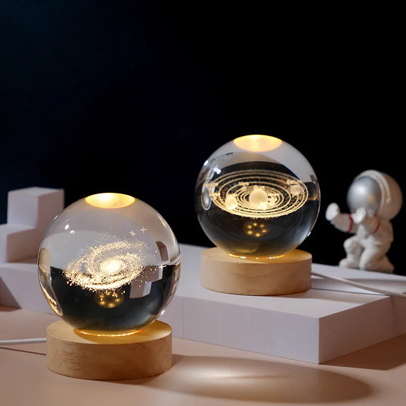 new pattern 3D Luminous Crystal Ball LED Night Light Solar System Planet Decor Bedroom Table Desk Wooden Wholesale ChristmasGift