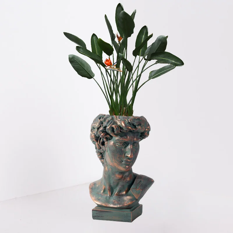 Customized Home Decor Wholesale Face Planter Black Gold Bronze Fiber Clay David Head Plant Pot