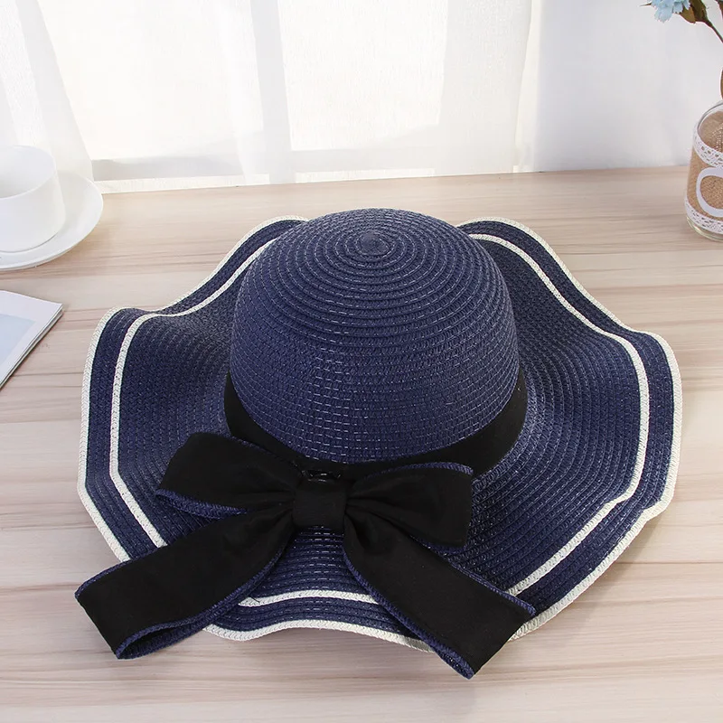 2021 summer big straw hat casual ladies wave side bow straw hat beach shade seaside vacation visor cap