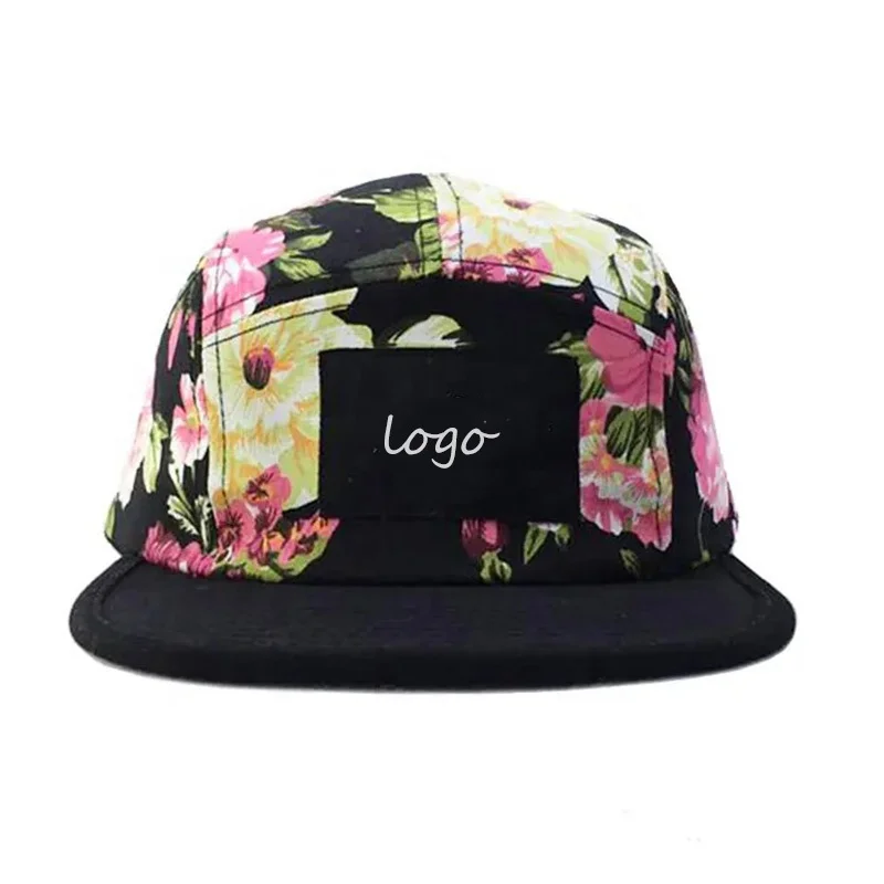 summer custom embroidery snapback cap  all over printed logo five panel camp cap 5 panel hat