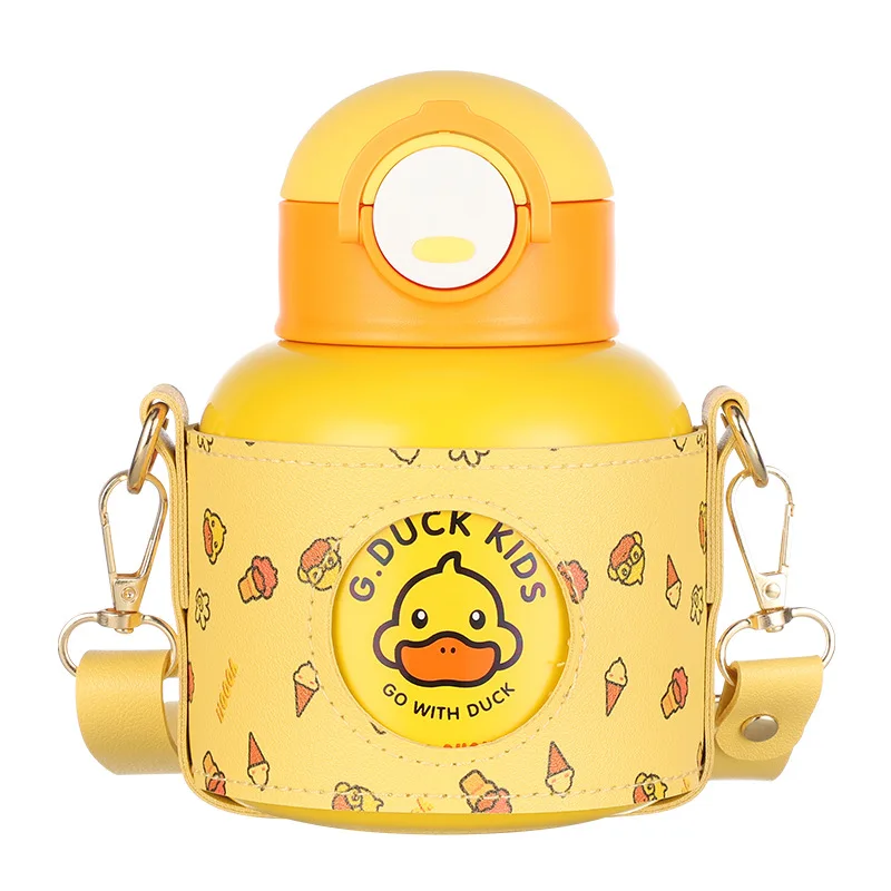 Duck Cute Kids Water Bottle Leather Sleeve Vacuum Keep Warm Bouncing lids Tumbler Stainless steel BPA Free Mug