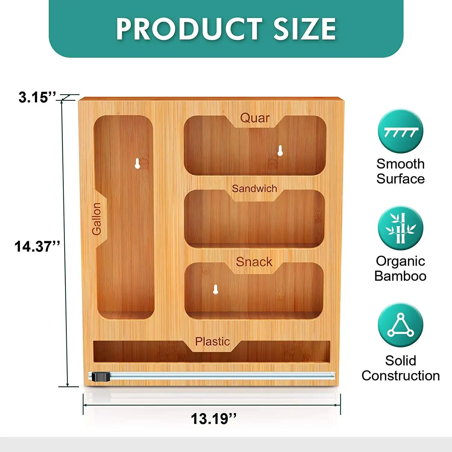 Hot selling Customized 5 In 1 Bamboo Ziplock Bag Roll Storage Organizer Plastic Foil Wrap Organizer Suitable For Kitchen Drawer