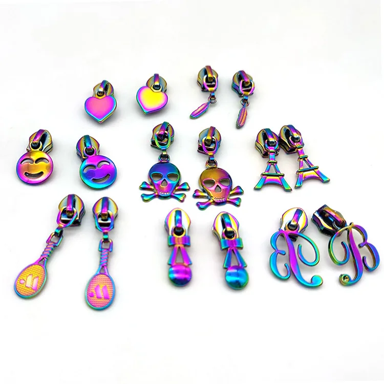 Rainbow-zipper-slider custom metal fancy bag zipper pulls head sewing slider puller for garment