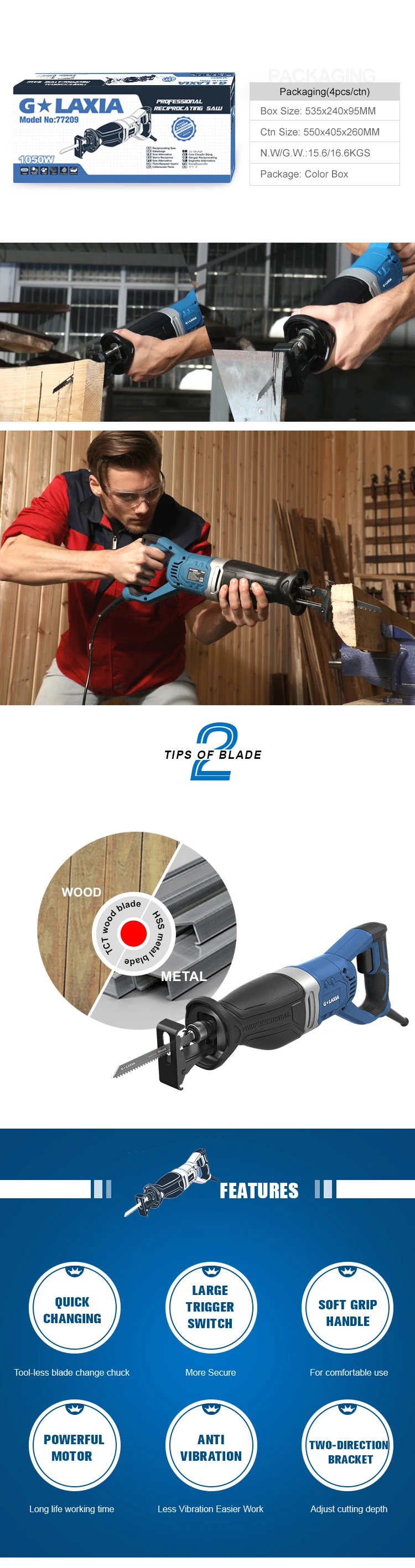 1050W 28mm Reciprocating Saw - Powerful 2220-240V Power Tool