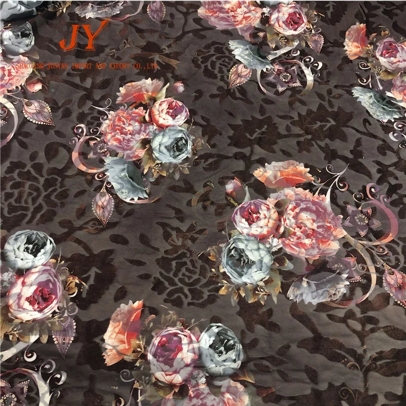 
knitted four way stretch flower print burnout velvet fabric for dress 