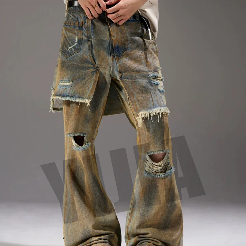 YIJIA  High Quality Double Denim Jeans Men Patchwork Design Casual Style Flat Front Wax-coated Damage Dirty Coated Leather